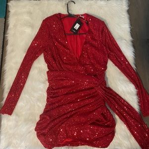 Red long sleeve deep V neck sequins dress